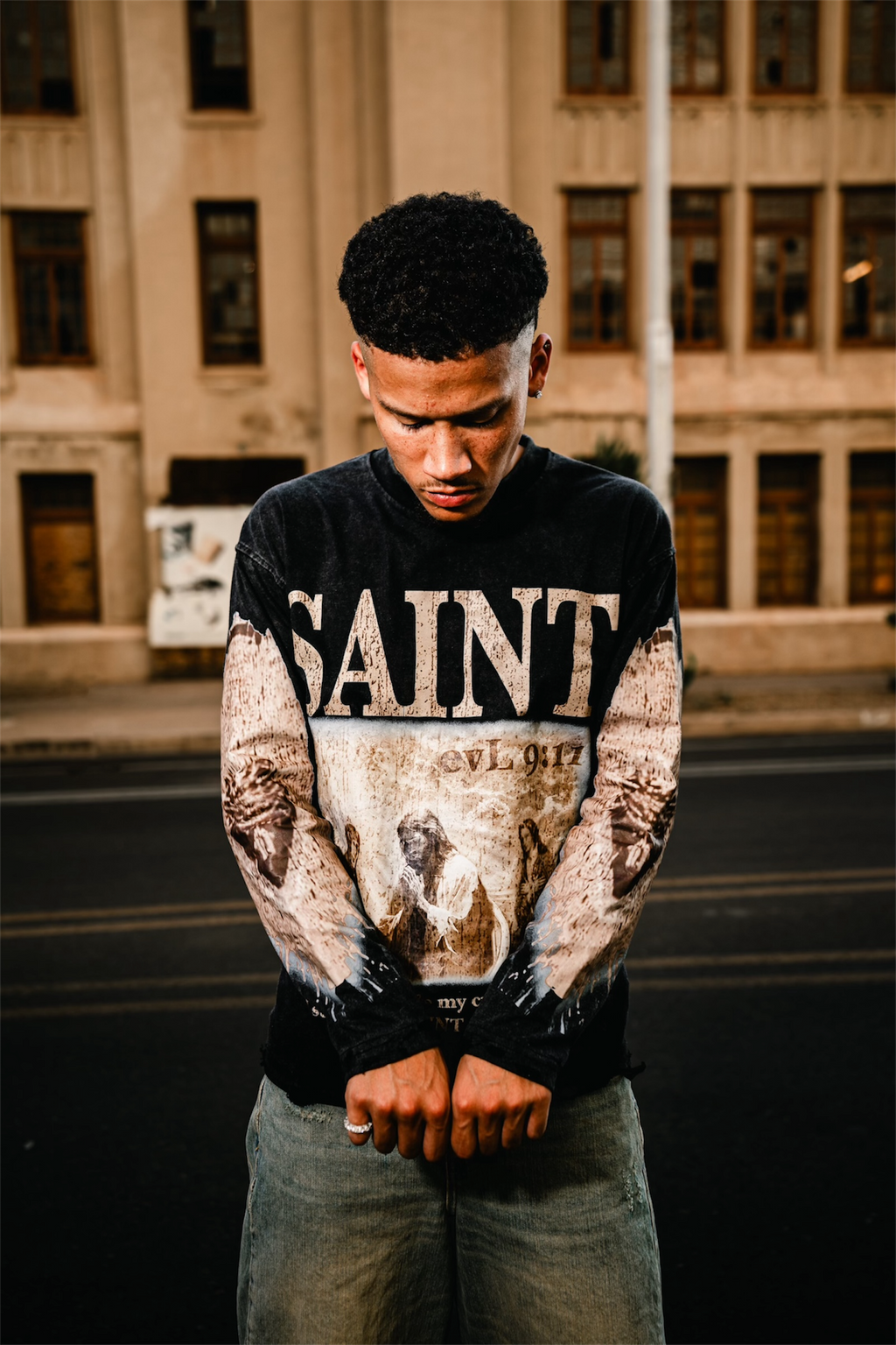 -SAINT Long Sleeve Distressed Shirt